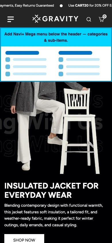 Navi+ mobile Mega Menu on the Gravity Shopify theme Navi+ mobile Mega Menu on the Gravity Shopify theme