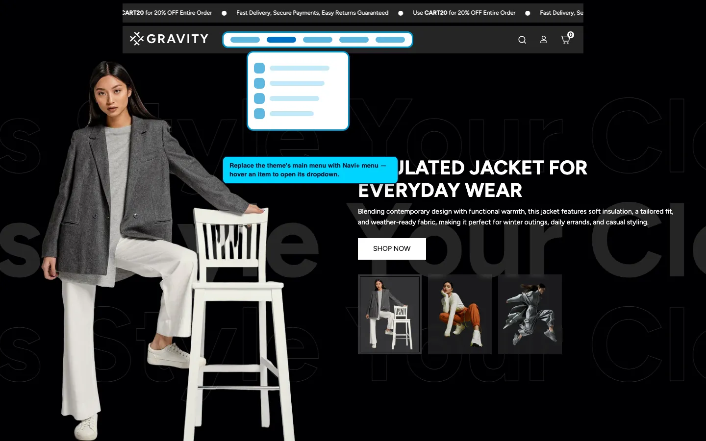 Navi+ Mega Menu replacing the desktop menu on the Gravity Shopify theme