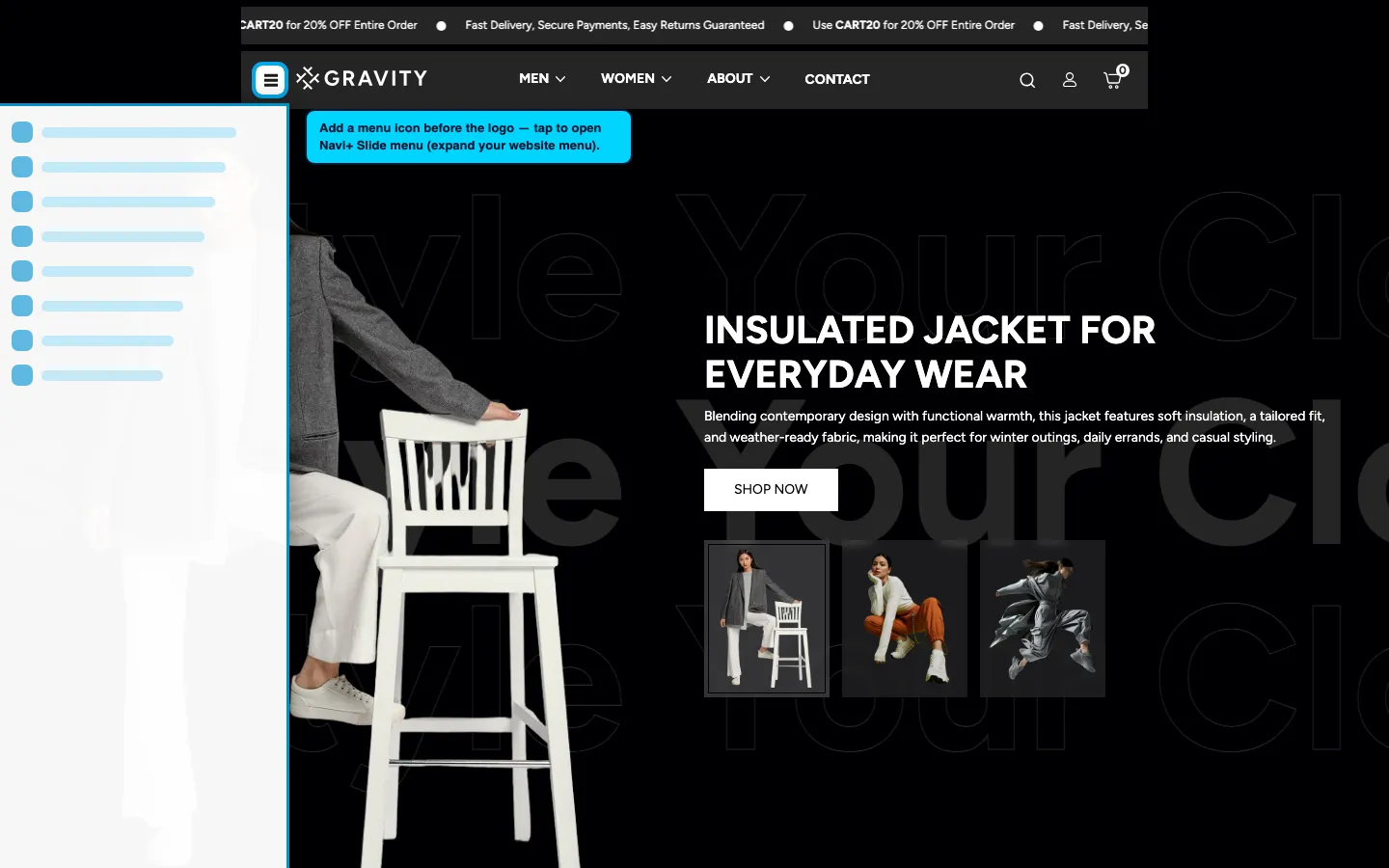 Navi+ trigger icon before the logo on the Gravity Shopify theme