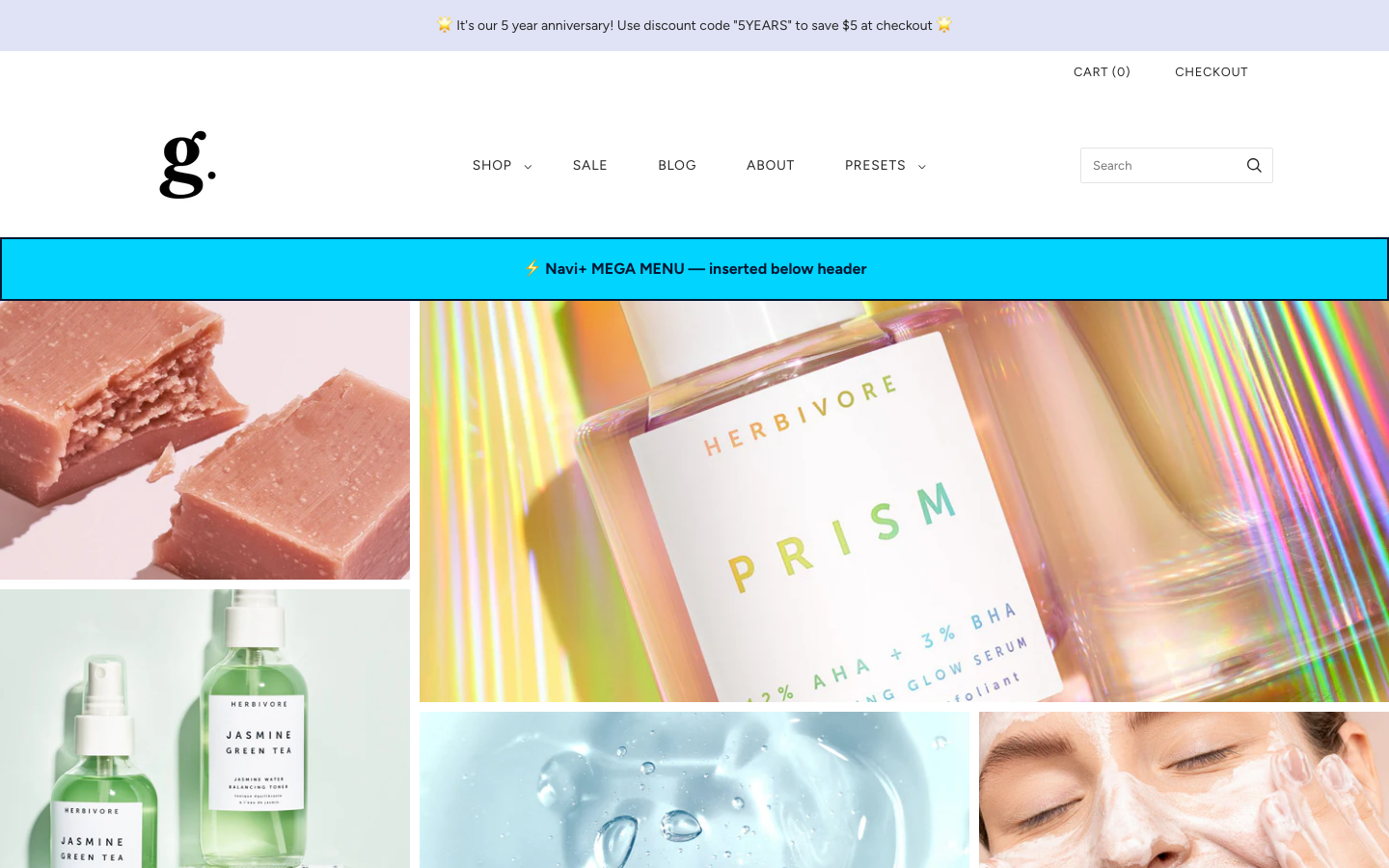 Menu inserted below header — Navi+ on the Grid Shopify theme
