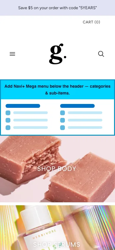 Navi+ mobile Mega Menu on the Grid Shopify theme