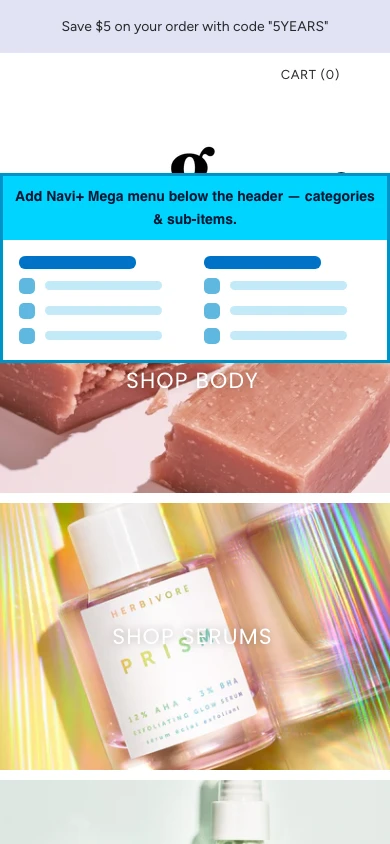 Navi+ mobile Mega Menu on the Grid Shopify theme Navi+ mobile Mega Menu on the Grid Shopify theme