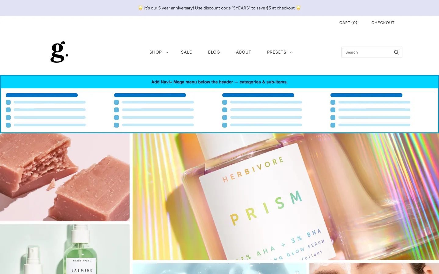 Navi+ Mega Menu inserted below the header on the Grid Shopify theme