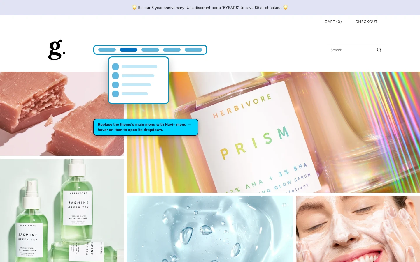 Navi+ Mega Menu replacing the desktop menu on the Grid Shopify theme Navi+ Mega Menu replacing the desktop menu on the Grid Shopify theme