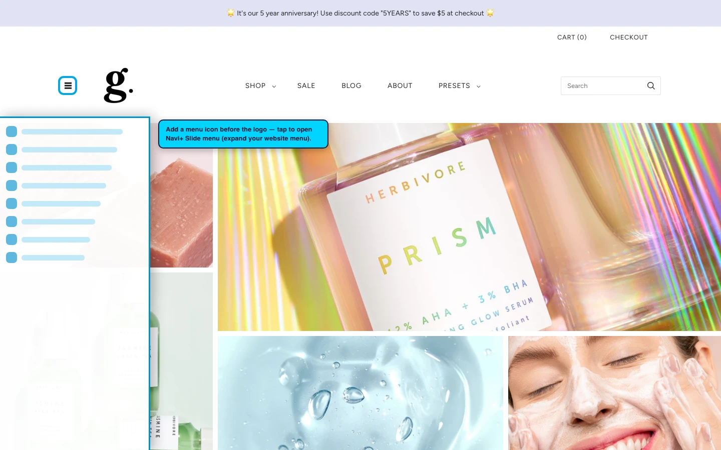 Navi+ trigger icon before the logo on the Grid Shopify theme Navi+ trigger icon before the logo on the Grid Shopify theme