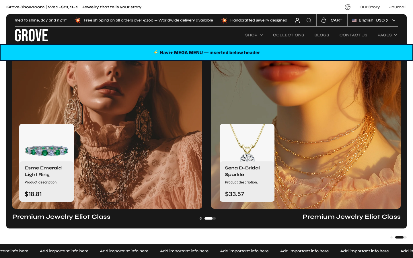 Menu inserted below header — Navi+ on the Grove Shopify theme Menu inserted below header — Navi+ on the Grove Shopify theme