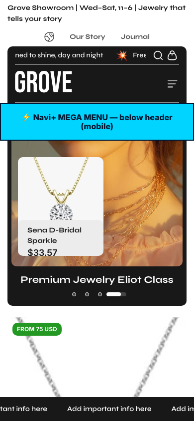 Menu inserted below header — Navi+ on the Grove Shopify theme Menu inserted below header — Navi+ on the Grove Shopify theme