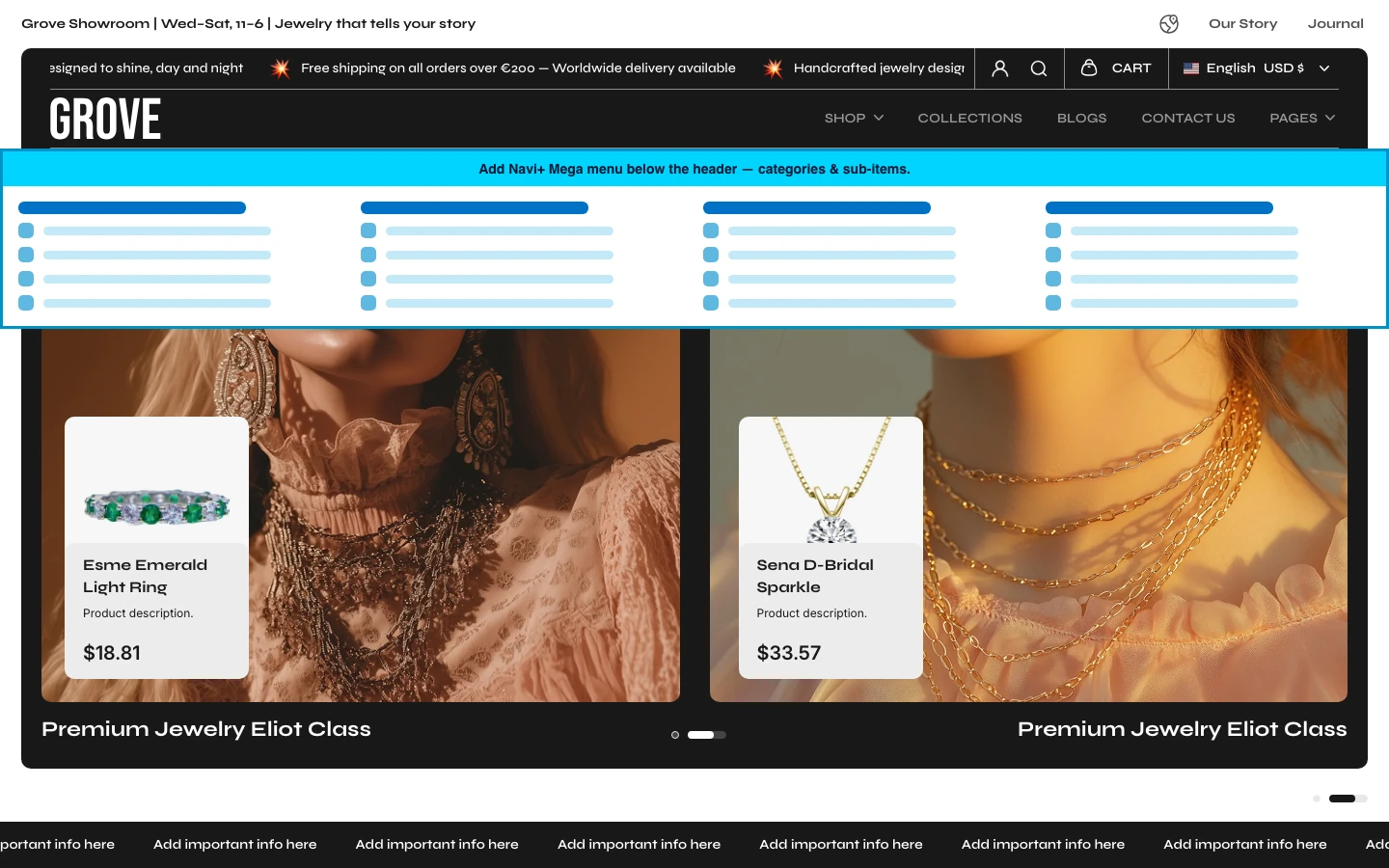 Navi+ Mega Menu inserted below the header on the Grove Shopify theme Navi+ Mega Menu inserted below the header on the Grove Shopify theme