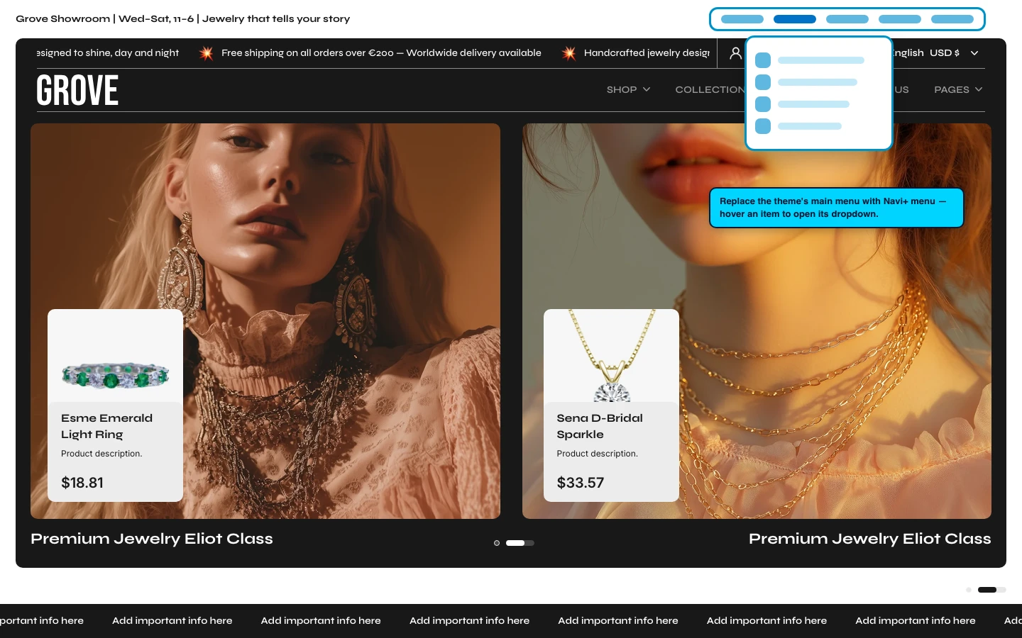 Navi+ Mega Menu replacing the desktop menu on the Grove Shopify theme Navi+ Mega Menu replacing the desktop menu on the Grove Shopify theme