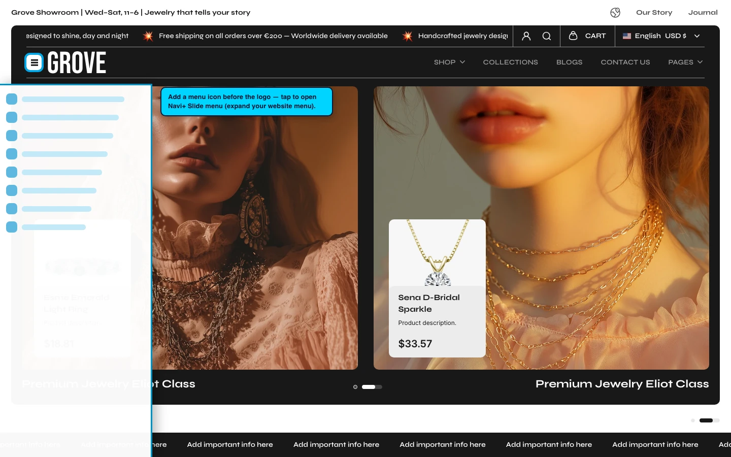 Navi+ trigger icon before the logo on the Grove Shopify theme Navi+ trigger icon before the logo on the Grove Shopify theme