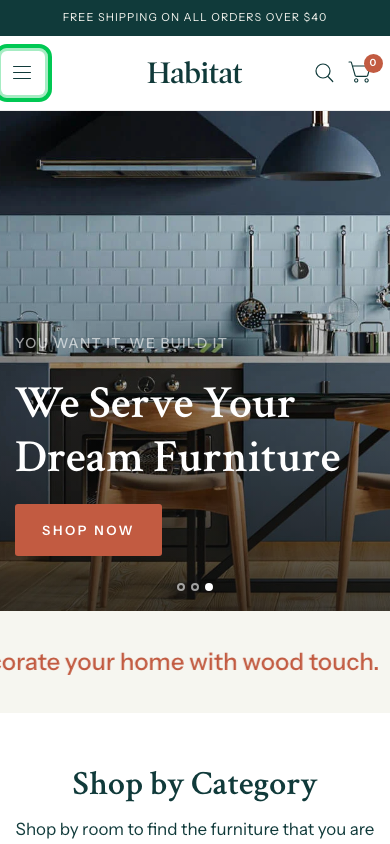 Hamburger → panel opened — Navi+ on the Habitat Shopify theme Hamburger → panel opened — Navi+ on the Habitat Shopify theme