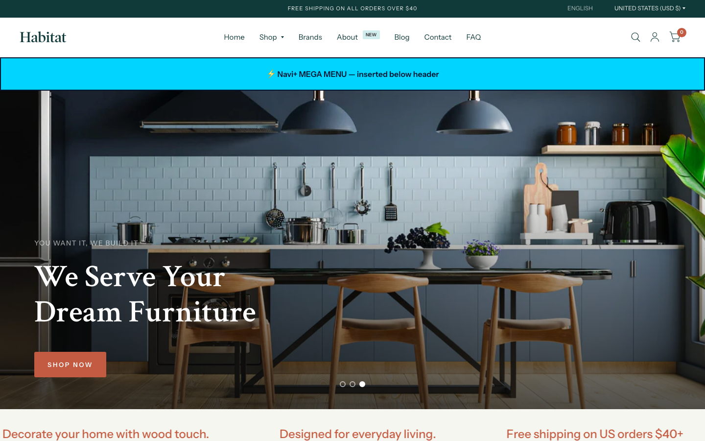 Menu inserted below header — Navi+ on the Habitat Shopify theme Menu inserted below header — Navi+ on the Habitat Shopify theme