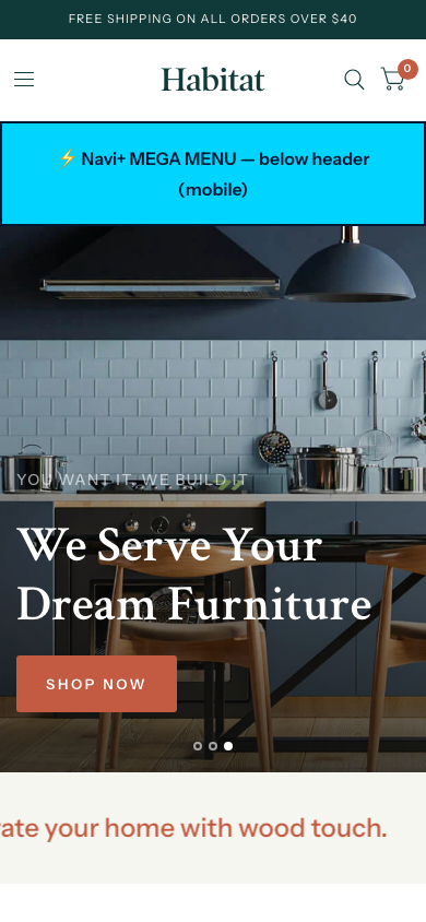 Menu inserted below header — Navi+ on the Habitat Shopify theme Menu inserted below header — Navi+ on the Habitat Shopify theme