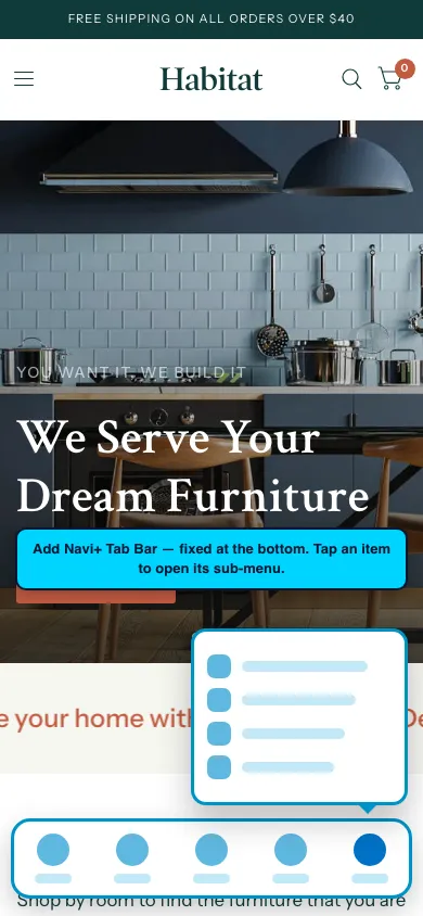 Navi+ Tab Bar on the Habitat Shopify theme Navi+ Tab Bar on the Habitat Shopify theme