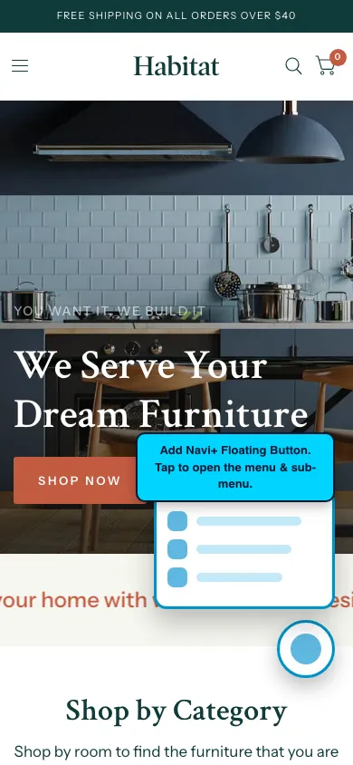 Navi+ FAB on the Habitat Shopify theme Navi+ FAB on the Habitat Shopify theme