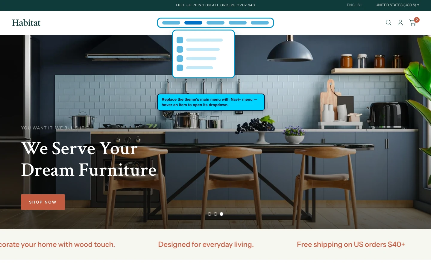 Navi+ Mega Menu replacing the desktop menu on the Habitat Shopify theme Navi+ Mega Menu replacing the desktop menu on the Habitat Shopify theme