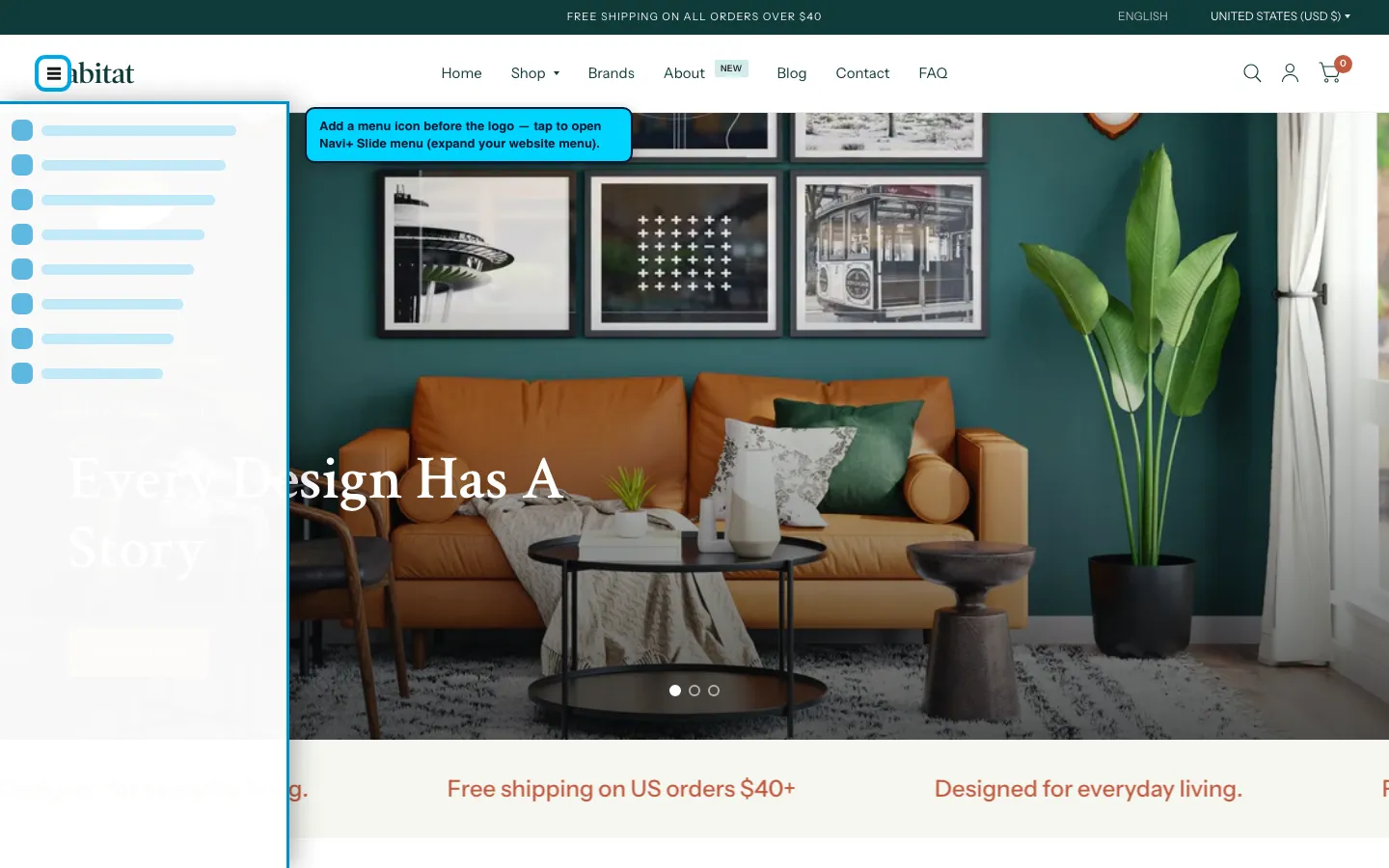 Navi+ trigger icon before the logo on the Habitat Shopify theme Navi+ trigger icon before the logo on the Habitat Shopify theme