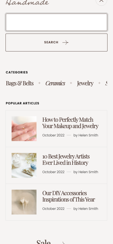 Search → panel opened — Navi+ on the Handmade Shopify theme Search → panel opened — Navi+ on the Handmade Shopify theme