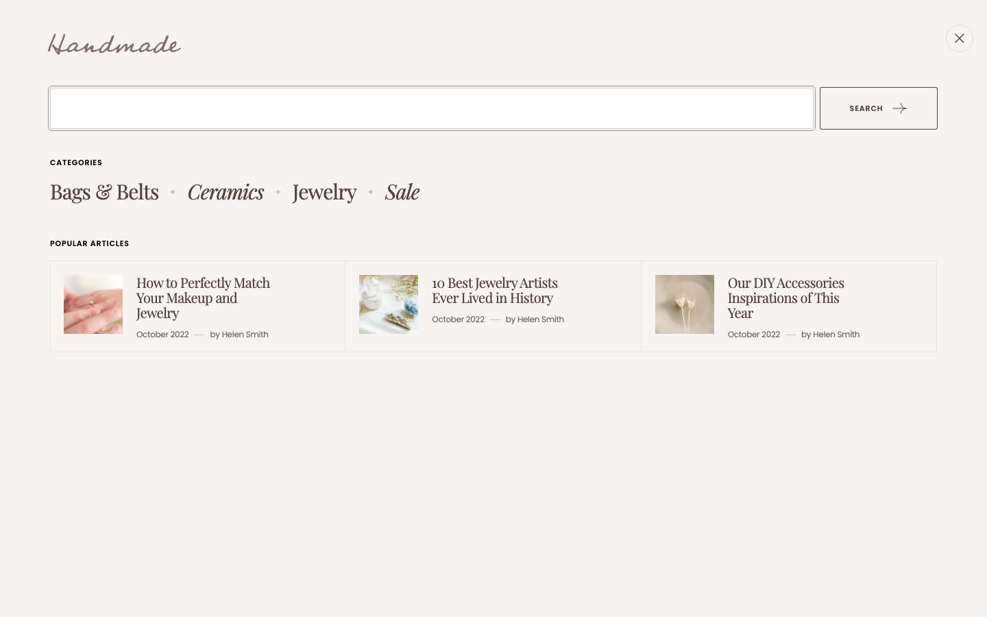 Search → panel opened — Navi+ on the Handmade Shopify theme Search → panel opened — Navi+ on the Handmade Shopify theme
