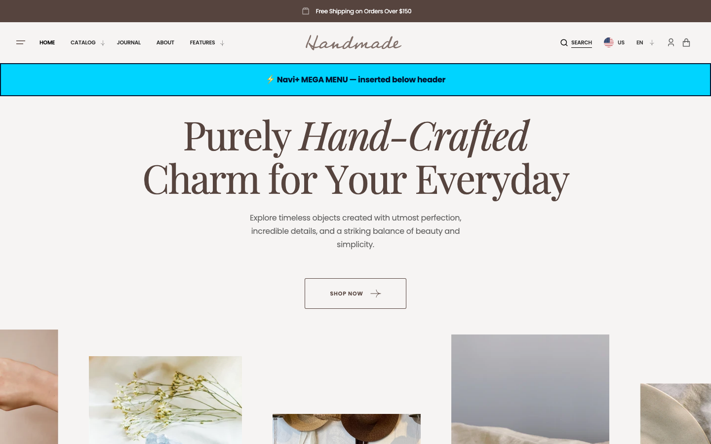 Menu inserted below header — Navi+ on the Handmade Shopify theme Menu inserted below header — Navi+ on the Handmade Shopify theme