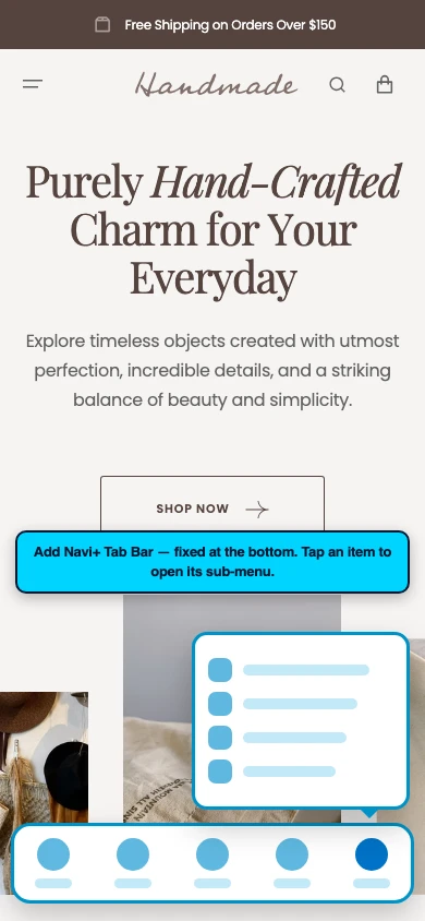 Navi+ Tab Bar on the Handmade Shopify theme Navi+ Tab Bar on the Handmade Shopify theme