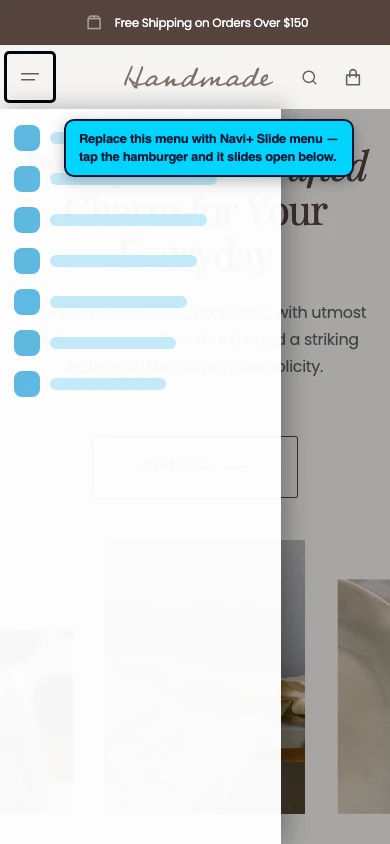 Navi+ Slide Menu on the Handmade Shopify theme Navi+ Slide Menu on the Handmade Shopify theme