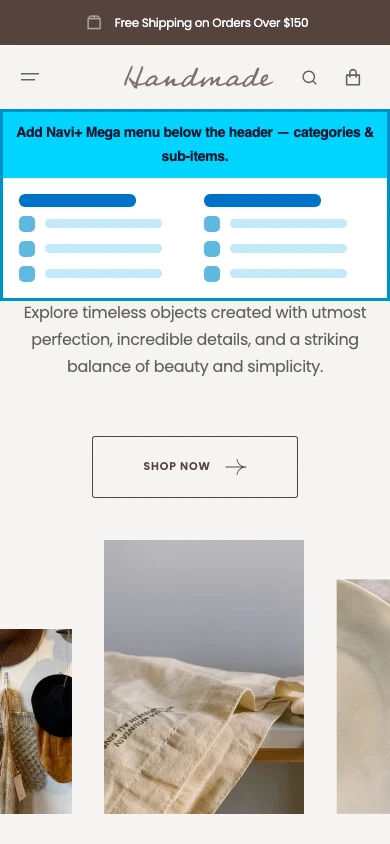 Navi+ mobile Mega Menu on the Handmade Shopify theme Navi+ mobile Mega Menu on the Handmade Shopify theme