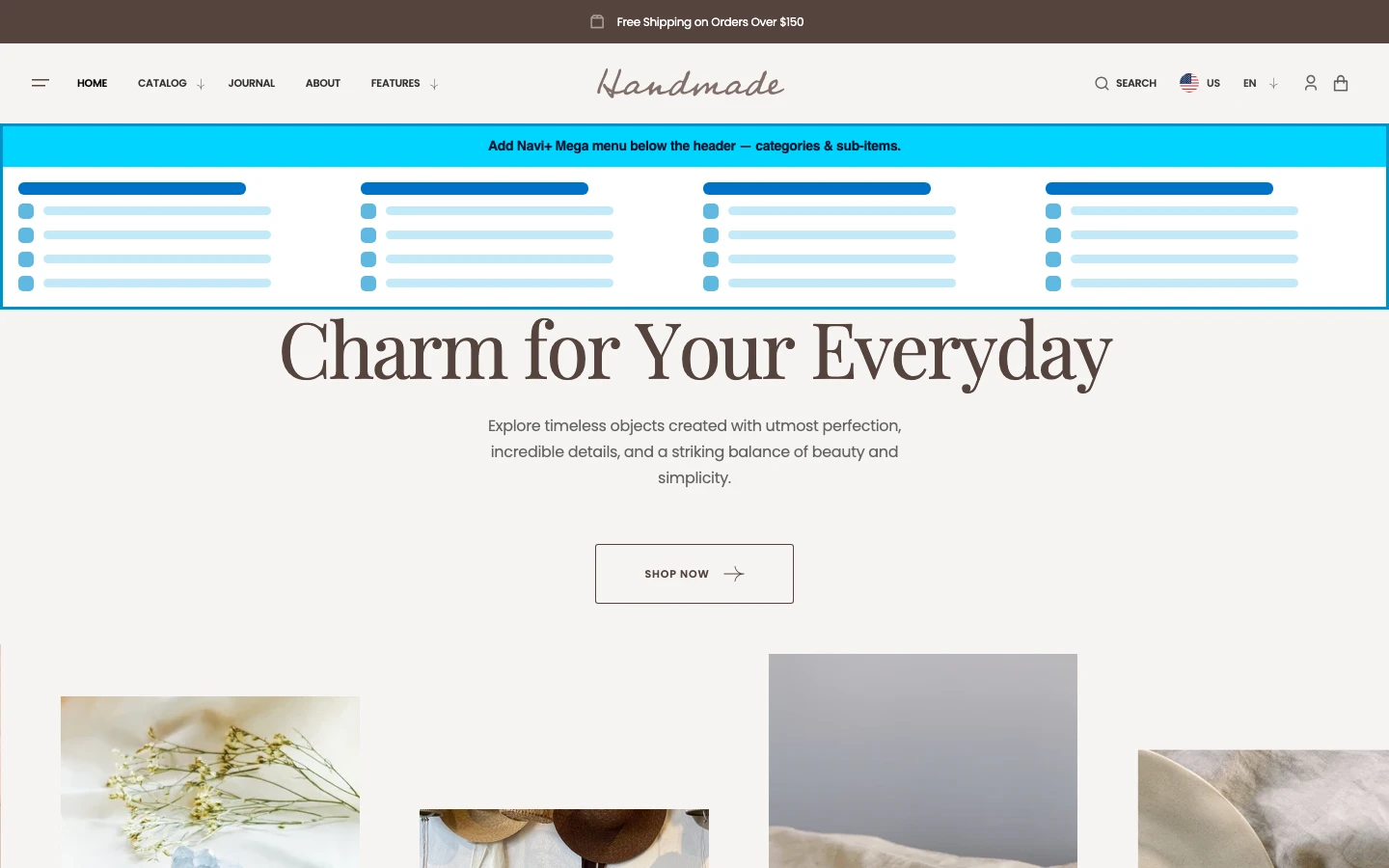 Navi+ Mega Menu inserted below the header on the Handmade Shopify theme Navi+ Mega Menu inserted below the header on the Handmade Shopify theme