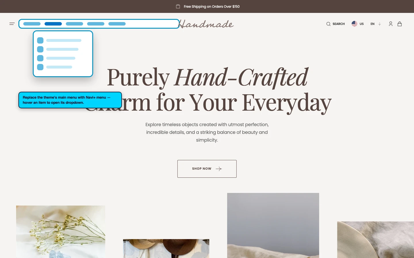 Navi+ Mega Menu replacing the desktop menu on the Handmade Shopify theme Navi+ Mega Menu replacing the desktop menu on the Handmade Shopify theme