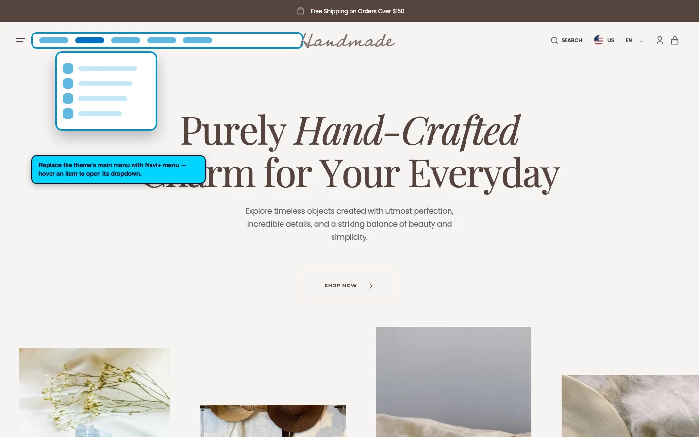 Navi+ Mega Menu replacing the desktop menu on the Handmade Shopify theme Navi+ Mega Menu replacing the desktop menu on the Handmade Shopify theme