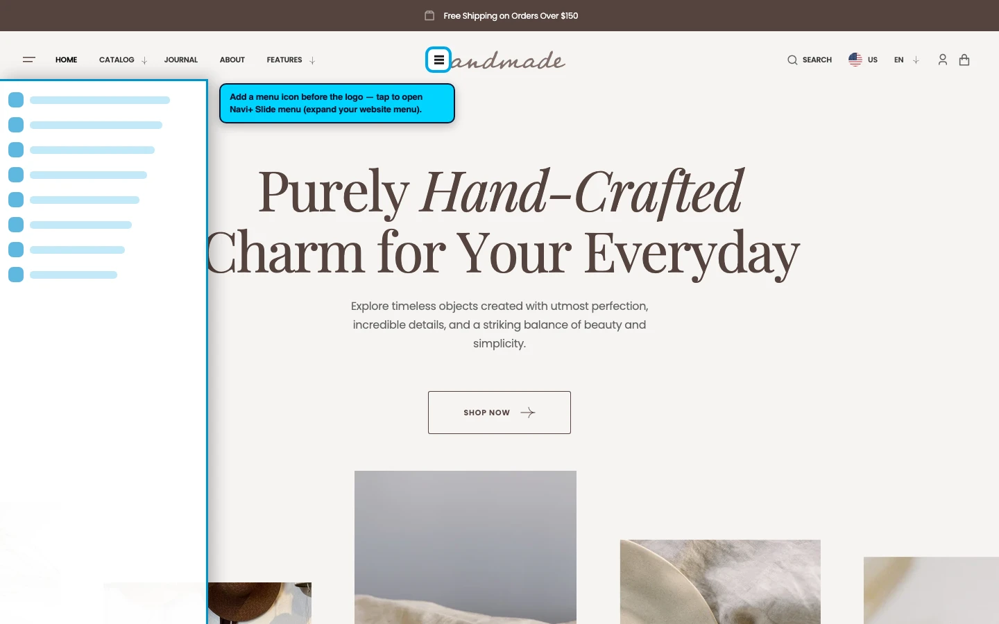 Navi+ trigger icon before the logo on the Handmade Shopify theme Navi+ trigger icon before the logo on the Handmade Shopify theme