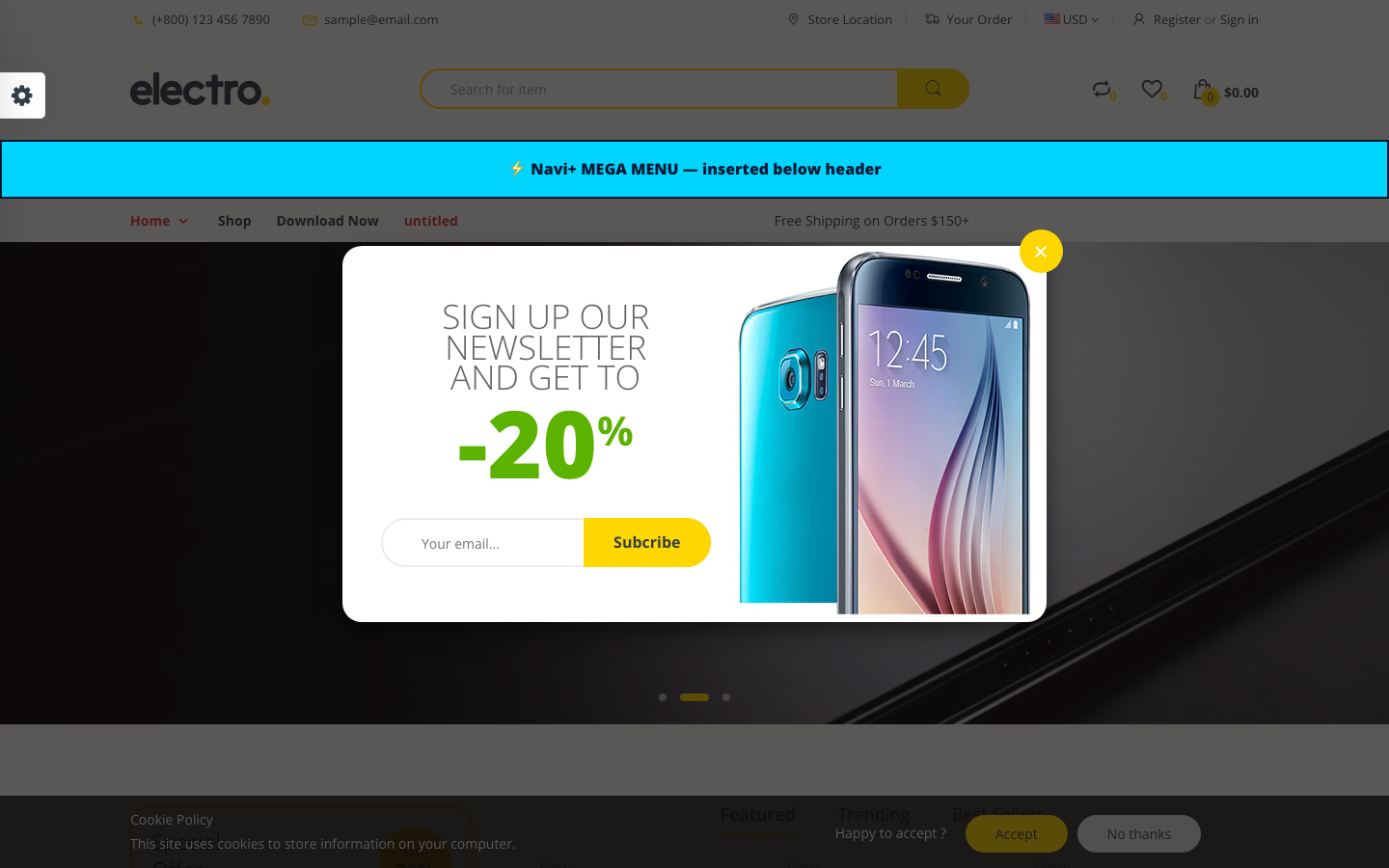 Menu inserted below header — Navi+ on the Handy Shopify theme Menu inserted below header — Navi+ on the Handy Shopify theme
