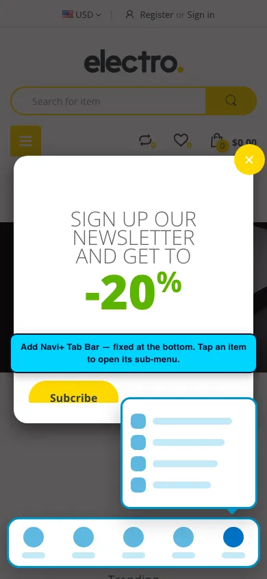 Navi+ Tab Bar on the Handy Shopify theme Navi+ Tab Bar on the Handy Shopify theme