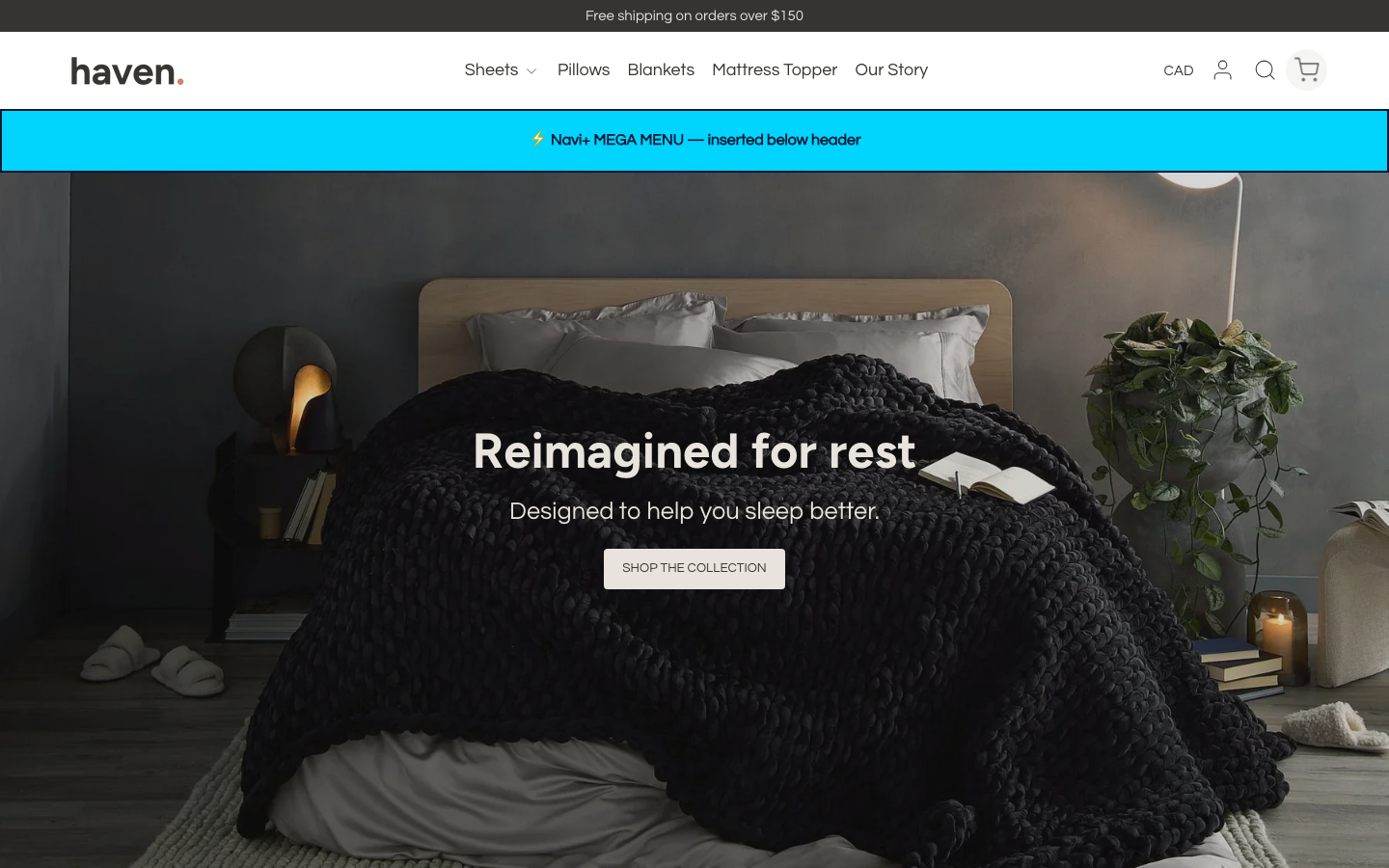 Menu inserted below header — Navi+ on the Haven Shopify theme Menu inserted below header — Navi+ on the Haven Shopify theme