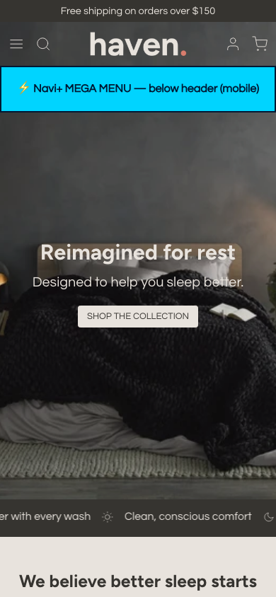 Menu inserted below header — Navi+ on the Haven Shopify theme Menu inserted below header — Navi+ on the Haven Shopify theme