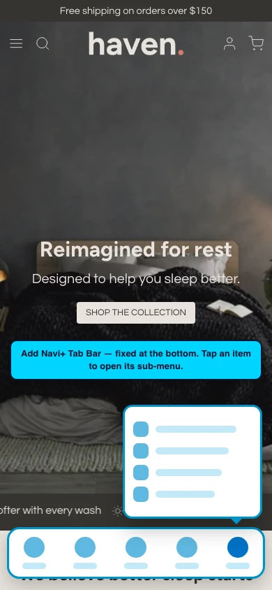 Navi+ Tab Bar on the Haven Shopify theme Navi+ Tab Bar on the Haven Shopify theme