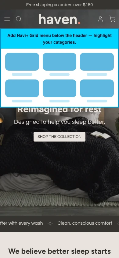 Navi+ Grid Menu on the Haven Shopify theme Navi+ Grid Menu on the Haven Shopify theme