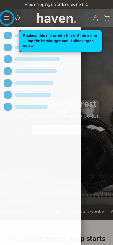 Navi+ Slide Menu on the Haven Shopify theme Navi+ Slide Menu on the Haven Shopify theme