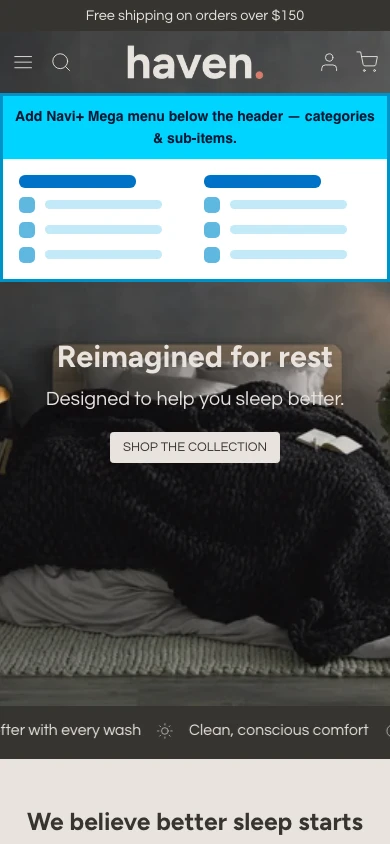 Navi+ mobile Mega Menu on the Haven Shopify theme Navi+ mobile Mega Menu on the Haven Shopify theme