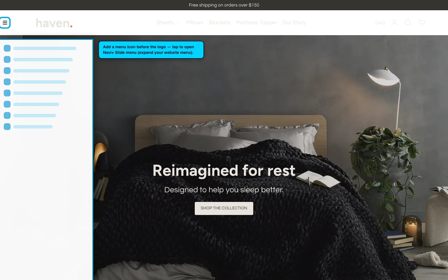 Navi+ trigger icon before the logo on the Haven Shopify theme Navi+ trigger icon before the logo on the Haven Shopify theme