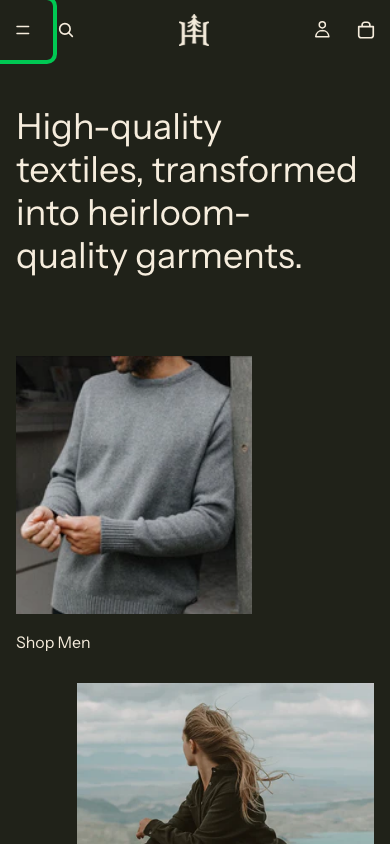 Hamburger → panel opened — Navi+ on the Heritage Shopify theme Hamburger → panel opened — Navi+ on the Heritage Shopify theme