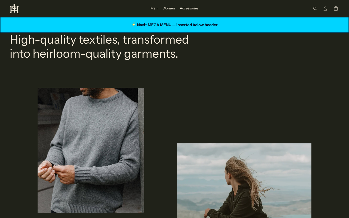 Menu inserted below header — Navi+ on the Heritage Shopify theme Menu inserted below header — Navi+ on the Heritage Shopify theme