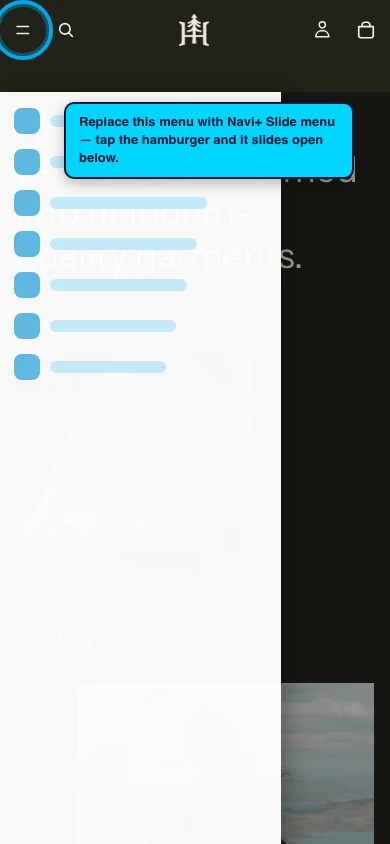 Navi+ Slide Menu on the Heritage Shopify theme Navi+ Slide Menu on the Heritage Shopify theme