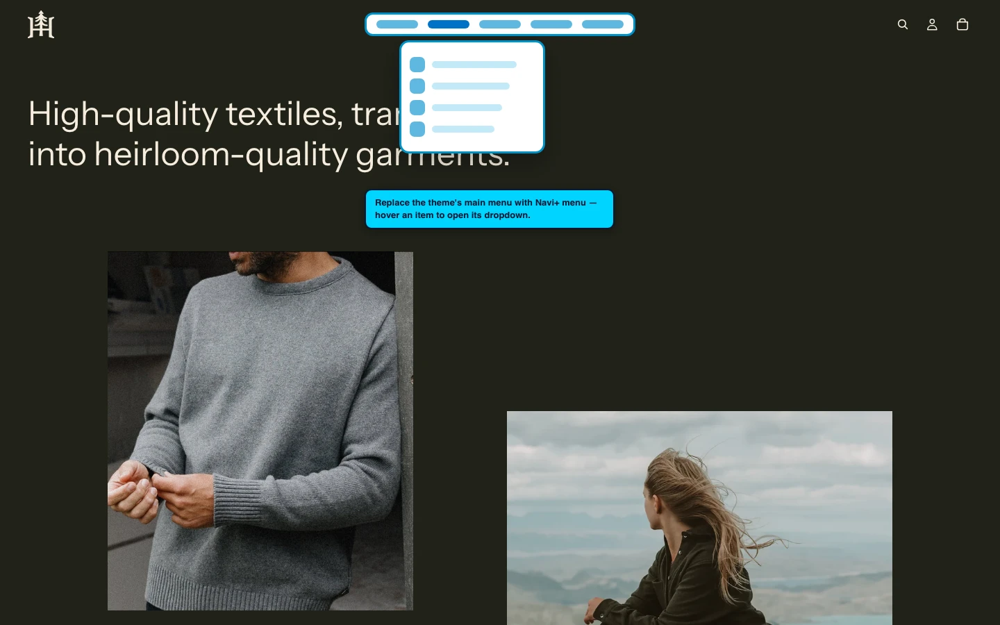 Navi+ Mega Menu replacing the desktop menu on the Heritage Shopify theme Navi+ Mega Menu replacing the desktop menu on the Heritage Shopify theme
