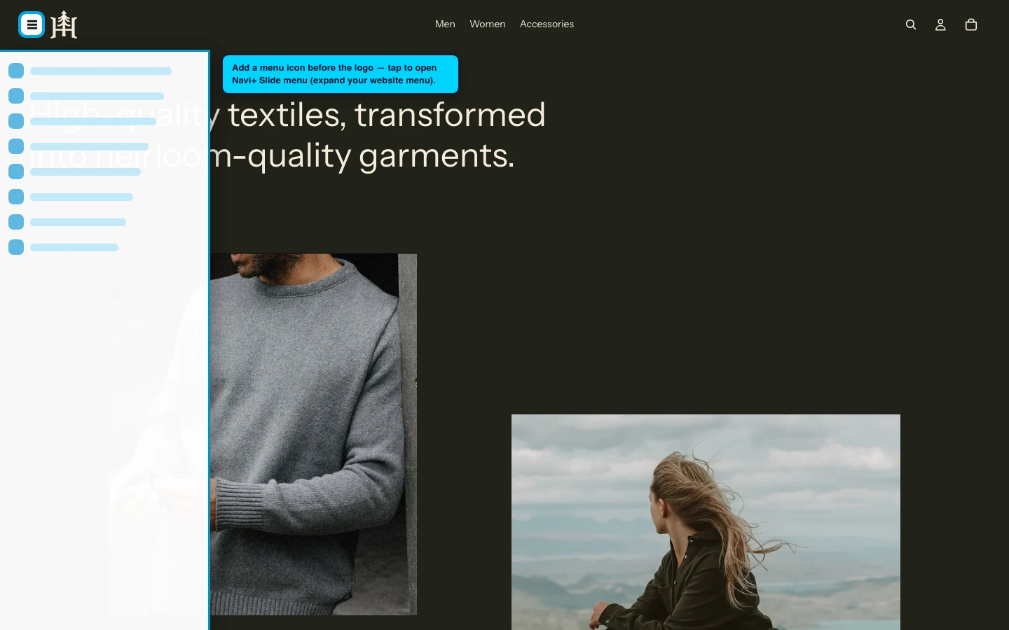 Navi+ trigger icon before the logo on the Heritage Shopify theme Navi+ trigger icon before the logo on the Heritage Shopify theme