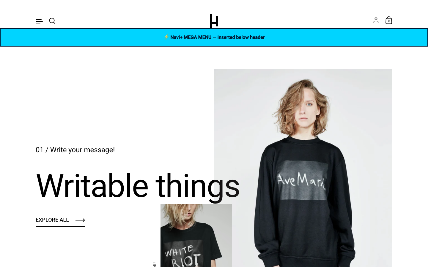 Menu inserted below header — Navi+ on the Highlight Shopify theme