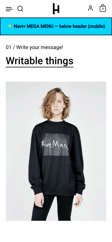 Menu inserted below header — Navi+ on the Highlight Shopify theme
