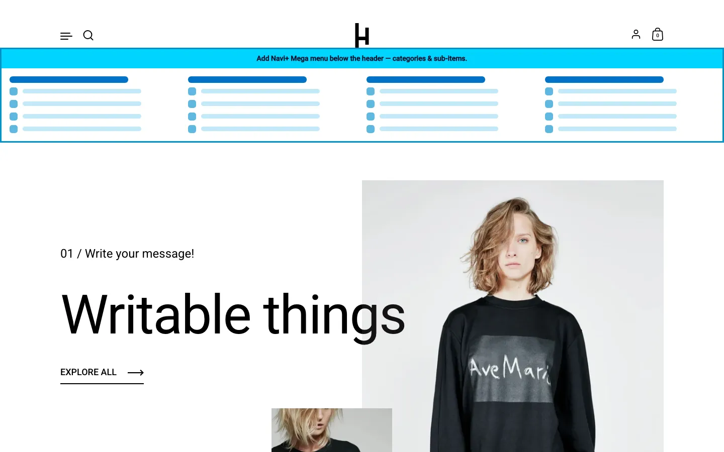 Navi+ Mega Menu inserted below the header on the Highlight Shopify theme Navi+ Mega Menu inserted below the header on the Highlight Shopify theme