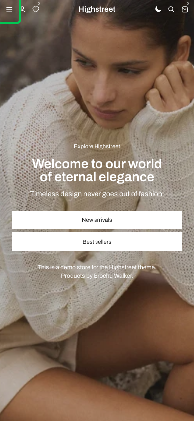 Hamburger → panel opened — Navi+ on the Highstreet Shopify theme Hamburger → panel opened — Navi+ on the Highstreet Shopify theme