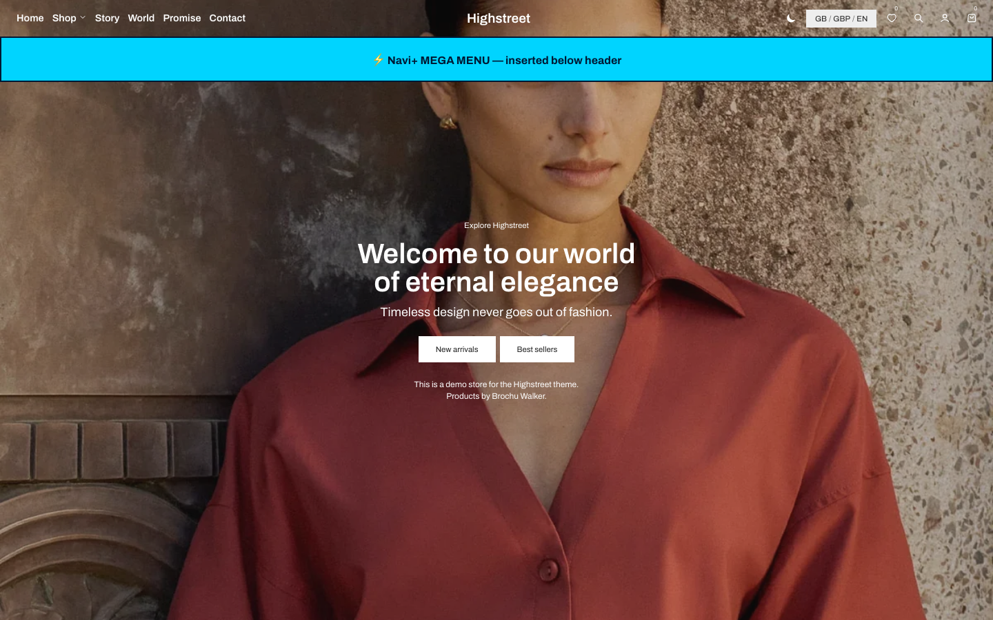 Menu inserted below header — Navi+ on the Highstreet Shopify theme Menu inserted below header — Navi+ on the Highstreet Shopify theme